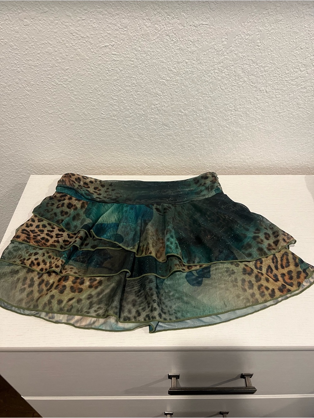 Tiered Green Leopard-Print Chiffon Skirt